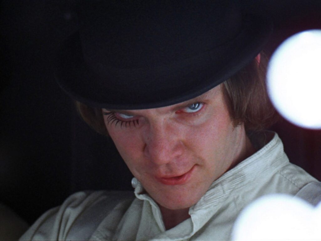 Il volto di Alex (Malcolm McDowell) in “Arancia meccanica” (1971)